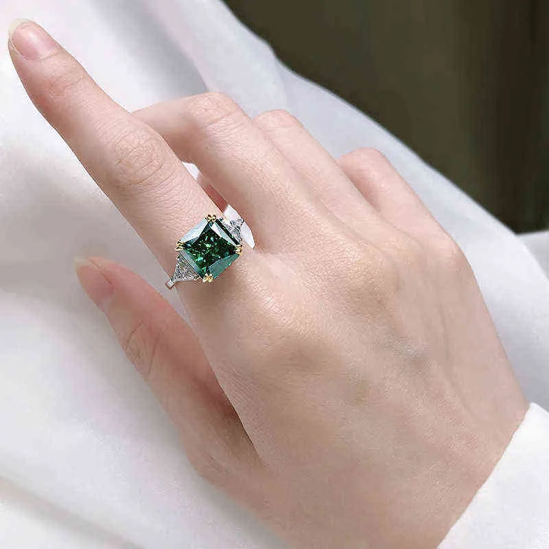 Oevas 100% 925 STERLING Gümüş 10*10mm Emerald Yüksek Karbon Elmas Yüzükler Kadınlar İçin Köpüklü Düğün Güzel Takı Toptan Hediye 220209