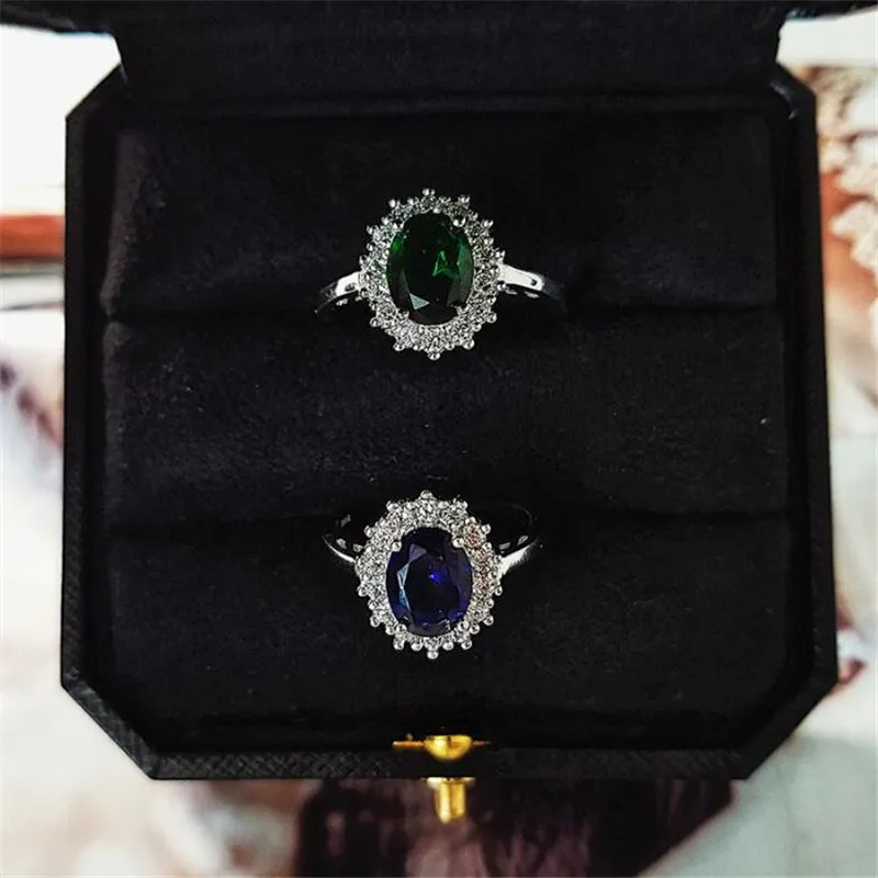Ins top vender anéis de casamento simples moda jóias 925 prata esterlina oval corte azul safira pedras preciosas esmeralda cz diamante festa wo219k