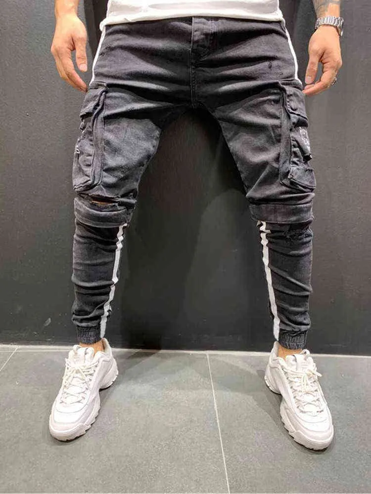 Jeans da uomo elasticizzati slim fit tascabili 2021 moda Casual Stripe Tearing Patchwork Pantaloni sportivi hip-hop taglia grande europea G0104