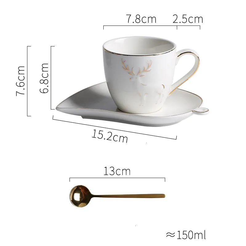 Tazza da caffè a bordo dorato in alce nordico con cucchiaino a forma di foglie Set Cafe Tumbler House HomeShold Cappuccino Torta di tazza espresso215M215M