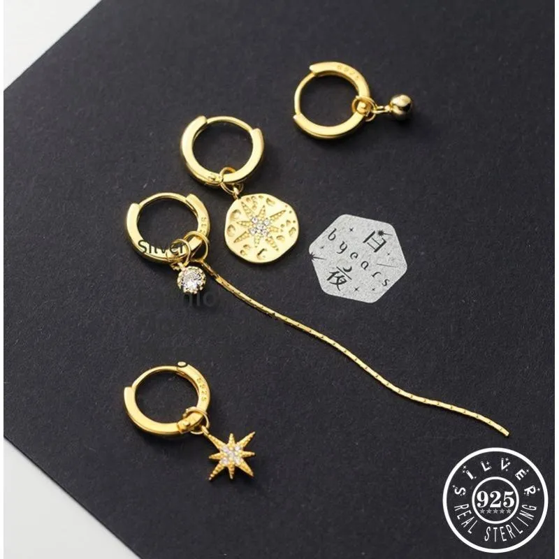 Hoop & Huggie 925 Sterling Silver Asymmetrical Zircon Round Star Shape Hoops Earrings Gold Color Long Tassel Chain Ear Rings Jewel2250