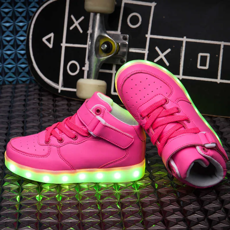 Tamanho 25-37 crianças LED USB carregando tênis brilhantes crianças gancho loop moda sapatos luminosos para meninas meninos sapatilhas com luz 220121