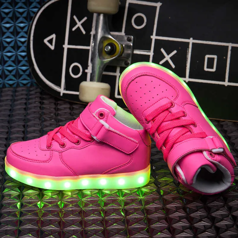 ULKNN 25-37 Enfants Led Usb Charge Glowing Sneakers Enfants Crochet Boucle De Mode Chaussures Lumineuses pour Filles Garçons Sneakers avec Lumière 220121