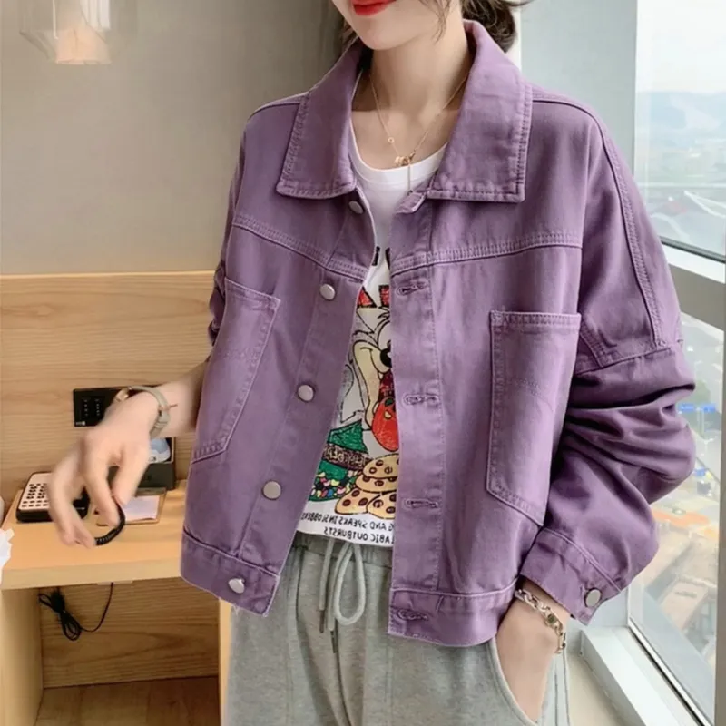 Solide col rabattu Jean veste pour femmes lâche décontracté violet manteaux de mode style coréen femme denim haut court féminin LJ200825