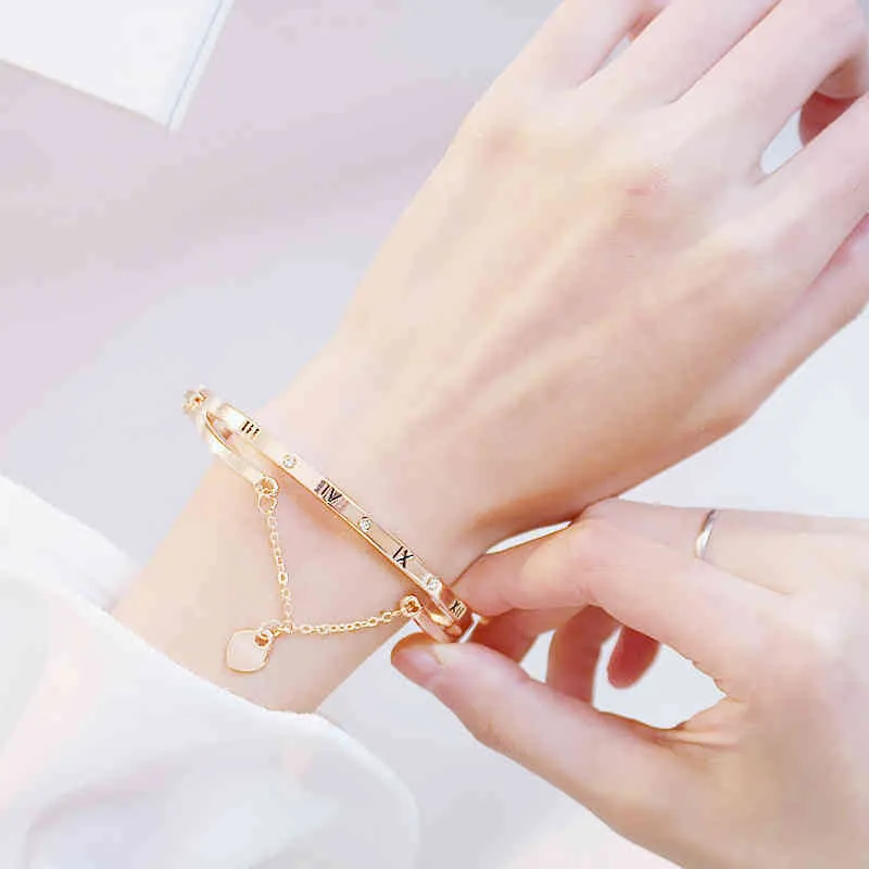 Gold Rose Stainless Steel Bracelets Bangles Female Heart Forever Love Charm Bracelet for Women Jewelry