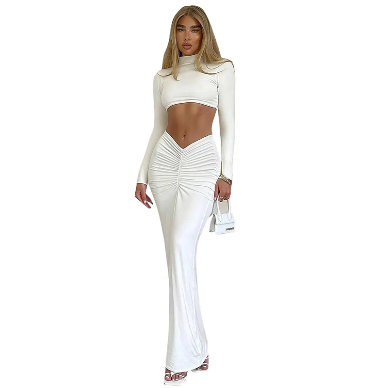 Y-L Женщины осень осень Maxi юбка из двух частей набор элегантный белый с длинным рукавом и рученные карандашные юбки партии Clubwear 220221