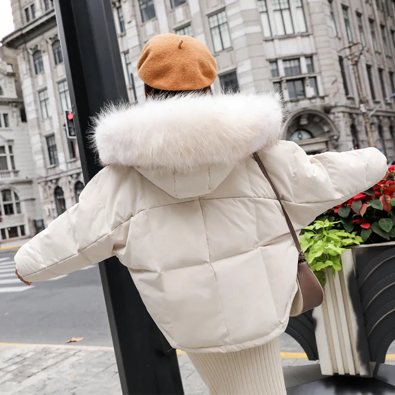 Fitaylor invierno cálido 90% pato blanco abajo Parka mujeres grande cuello de piel de mapache Real chaqueta corta con capucha abrigo suelto abajo prendas de vestir 210204