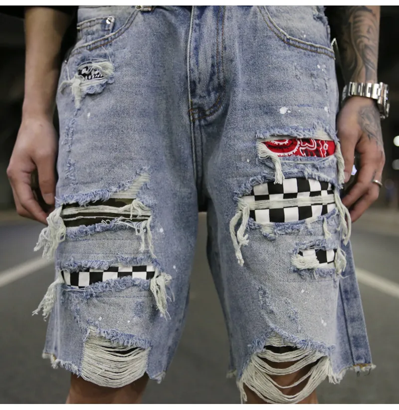 High Street Fashion Destroyed Short Jeans Men Patchwork Printed Pockets Plaid Ripped Loose Jeans Hip Hop Zipper Pants Jogger 201111