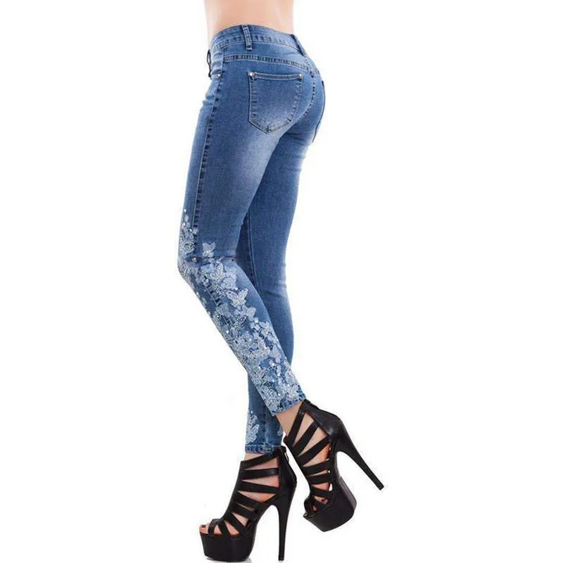 Plus Size Mulheres Bordado Longo Jeans Azul Denim Calças Lápis Skinny Cintura alta Outono com bolsos Streetwear Vaqueros Mujer LJ201013
