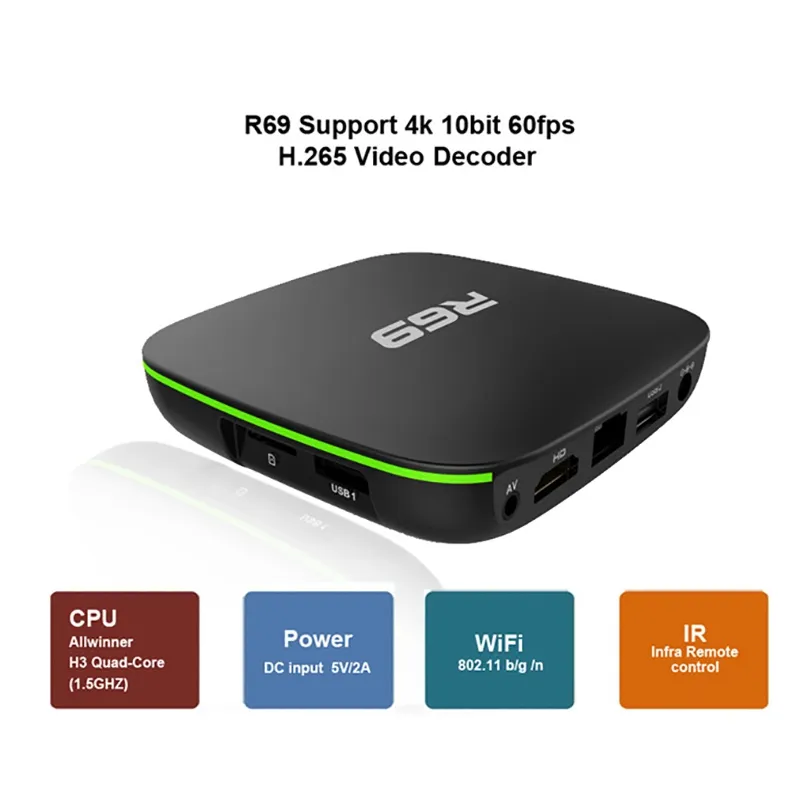 R69スマートアンドロイド10テレビボックス2.4G WiFi AllWinner H3クアッドコアセットTOPBOX 1080P HD 3D映画メディアプレーヤー1GB 8GB