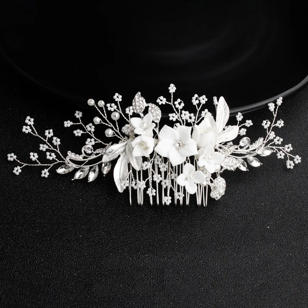 White-Flower-Silver-Leaf-Rhinestone-Hair-Combs-Wedding-Hair-Accessories-Bridal-Women-Pearl-Hair-Ornament-Head