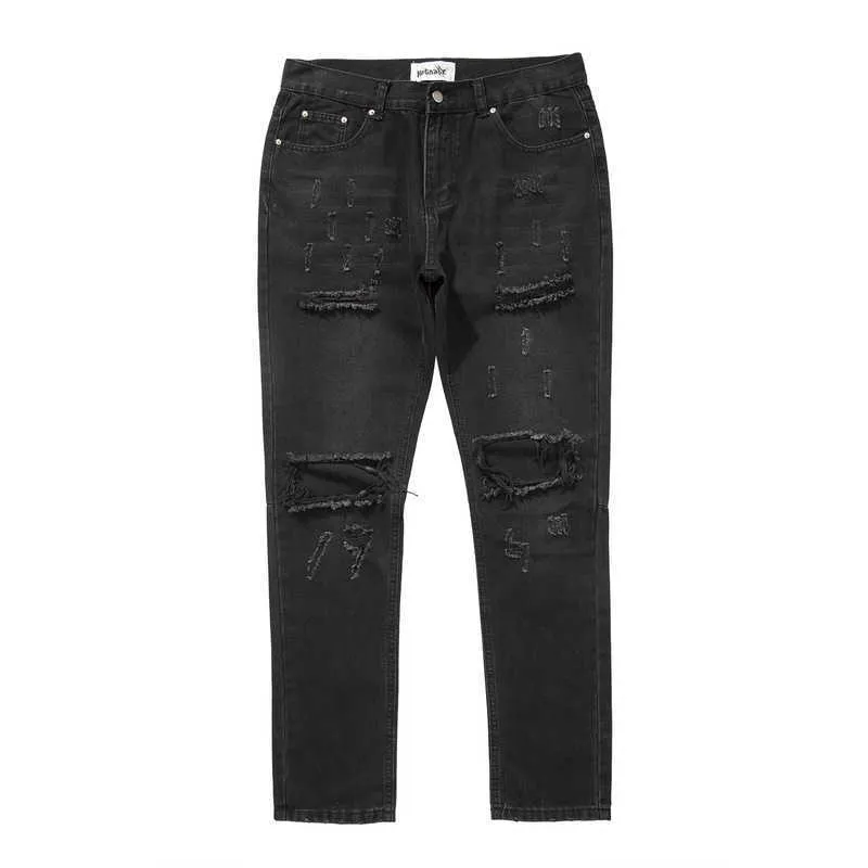 Mäns Jeans High Street Tide Brand Water Washed Hole Breaking Basic Slim Elastic Jeans