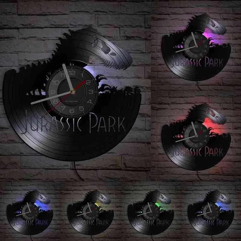 Jurassic Animal Disque Vinyle Horloge Murale Montre Pour Enfants Chambre Pépinière Oeuvre Décor Tyrannosaurus T-rex Ombre Art Horloge Murale H1230