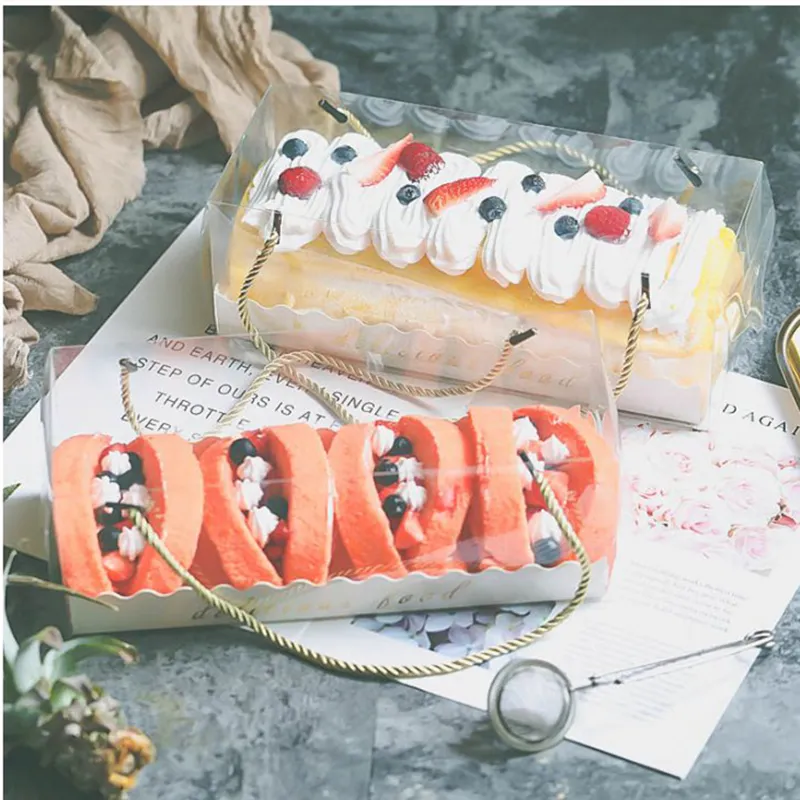LBSISI Life 10 Stück transparente Kuchenbox mit Griff Cupcake Schweizer durchsichtiger Kunststoff tragbare PET-Verpackung Geschenkbox Rolle lang 201029
