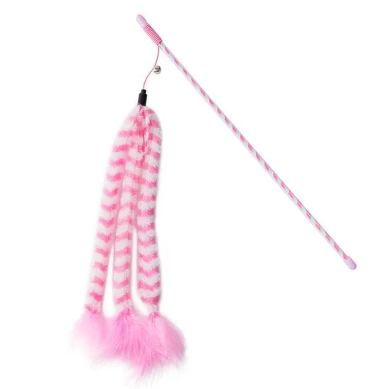 Funny Cat Stick Three Plush Interactive Cat Wand with Bell & Feathers Cat Toy LJ200826