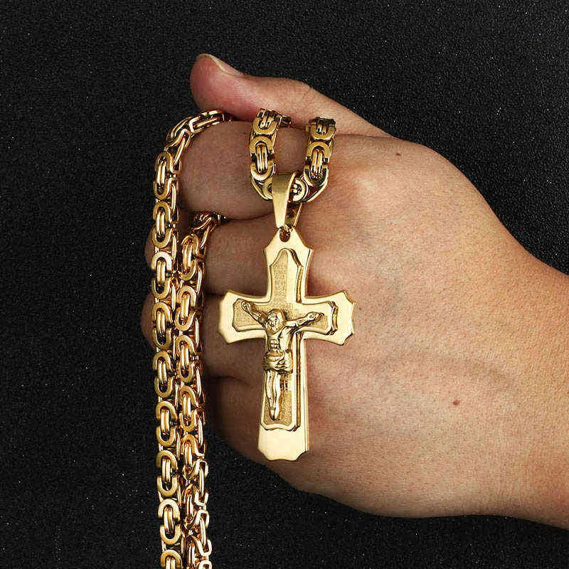 Библейский серебряный цвет Иисус Крест Подвески из нержавеющей стали Ожерелья Византийская длинная цепочка Ожерелье для мужчин Ювелирные изделия колье 22015548298