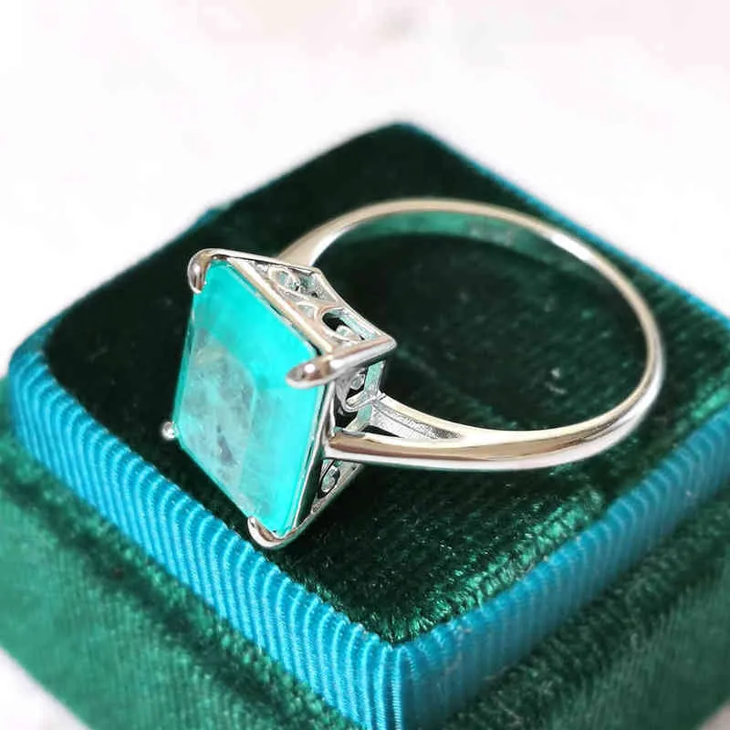 GZXSJG Paraiba Tourmaline Pierres Précieuses Bague pour Femme Solide Argent Sterling 925 10x12 Émeraude pierre de coupe fiançailles Fine 211217