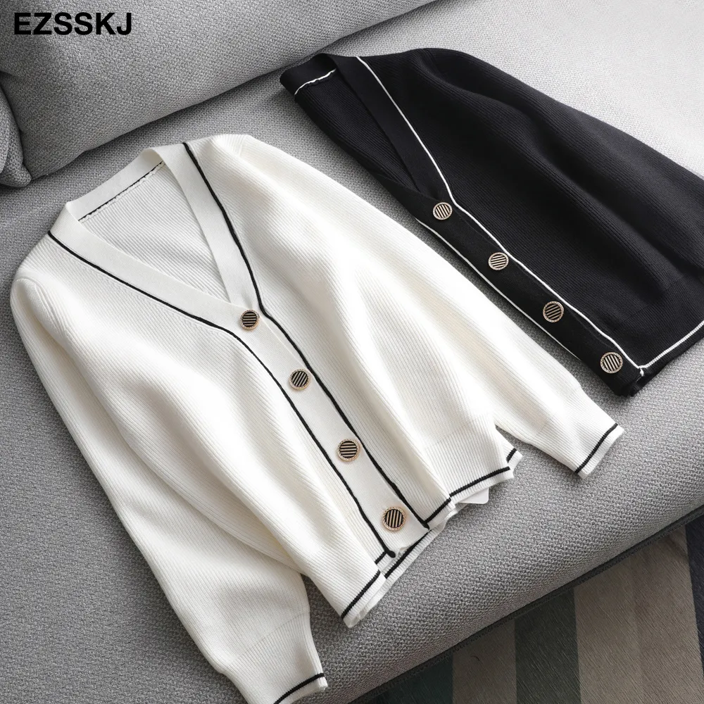 blanc noir solide chandail cardigans veste dames nouvelles femmes pull épais manteau v-cou cardigan veste manteau outwear 201109