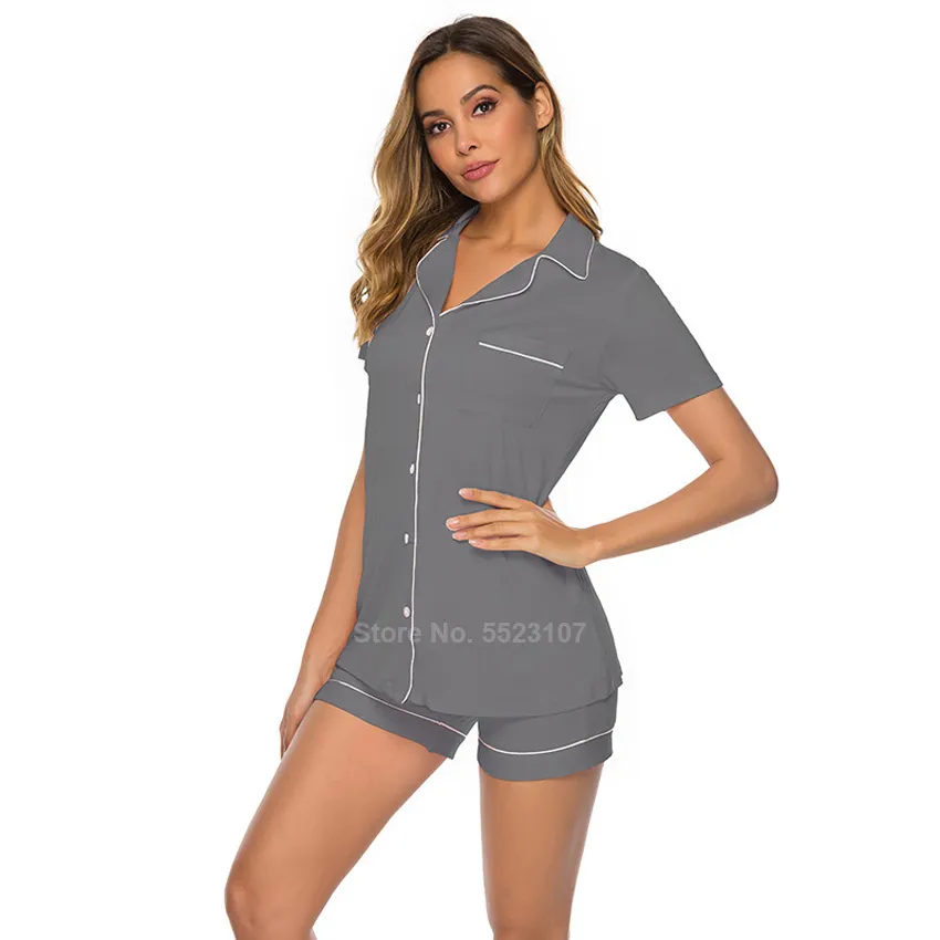 Modal Cotton Soft Sleepwear Set for Women Notch Collar Palm Leaf Pure Color Short Long Sleeve Single Breasted Lounge Pajamas PJs 201113