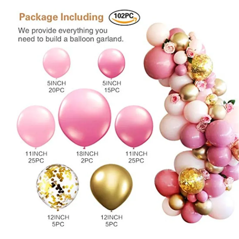 Ballon-Girlanden-Bogen-Set, 101 Stück, rosa und goldene Luftballons für Partys, Geburtstage, Hochzeiten, Partys, Babypartys, Dekorationen für Mädchen und Jungen, T200526