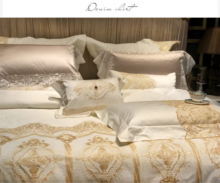 Wide Golden Lace Duvet /Comforter Cover Set Pink White Premium Egyptian Cotton Bedding set Luxury Queen King size Bed sheet set T200706