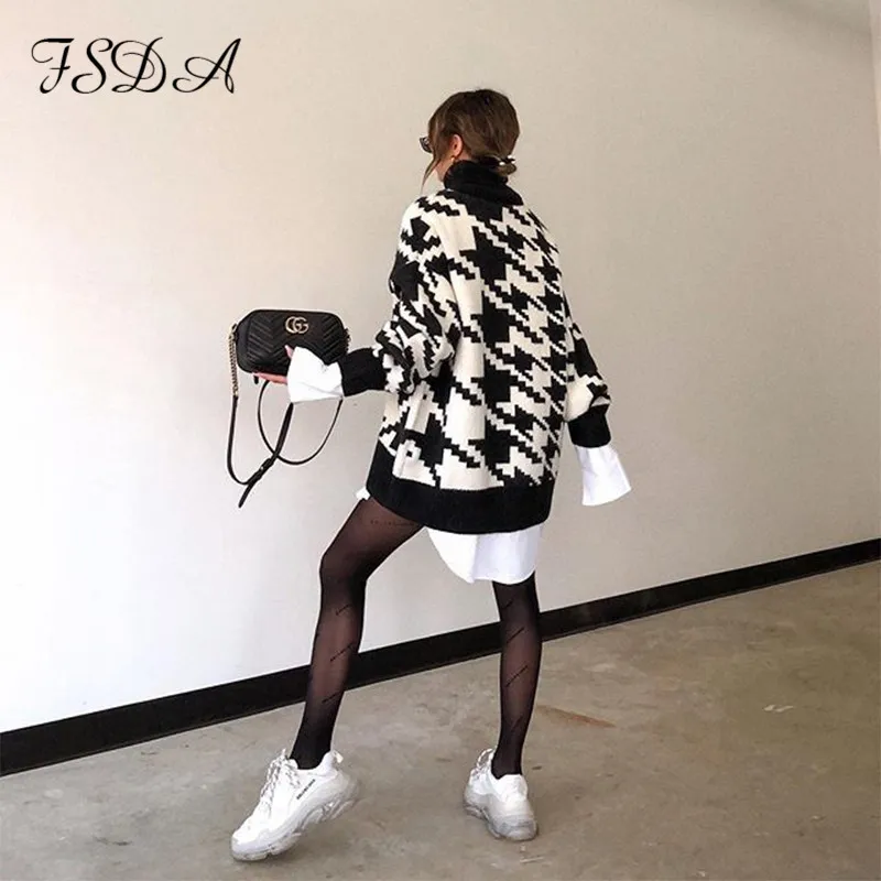 FSDA Long Sleeve Autumn Winter Oversized Sweater Dress Women Turtleneck Black Casual Knit Mini Houndstooth Sexy Party Dresses Y0118