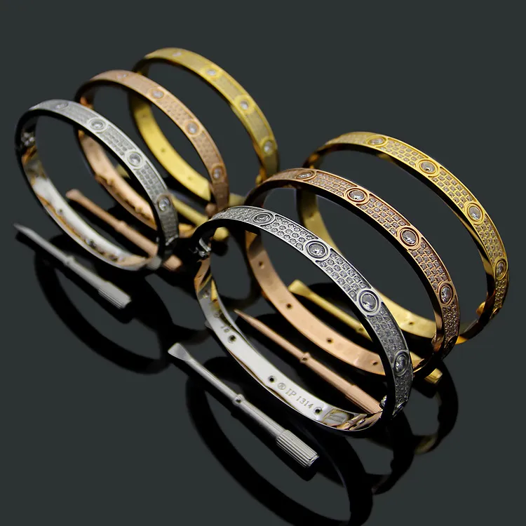 Titanium Staal 3 Rij Volledige Diamanten Armband Mode Vrouwen Mannen Chirstmas Bangle Armbanden Afstand Sieraden Gift met fluwelen bag257R