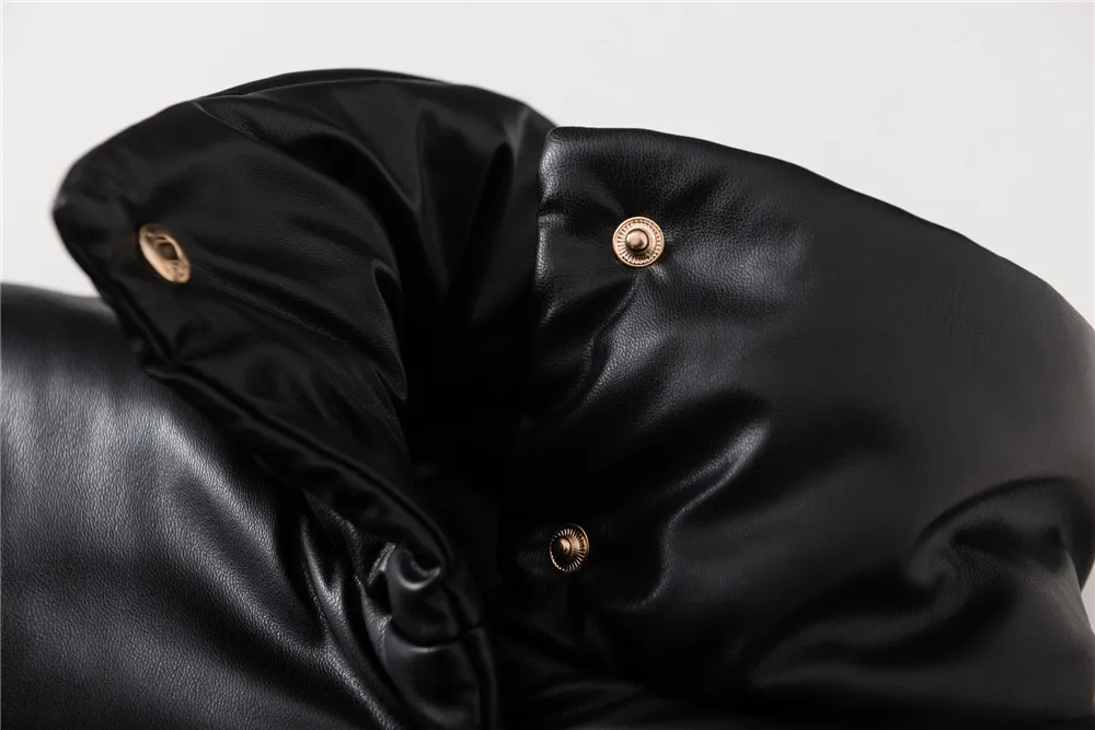 Mujeres chaqueta negra falsa cuero tortuga botones de manga larga abrigo corto casual de invierno con bolsillos 201029