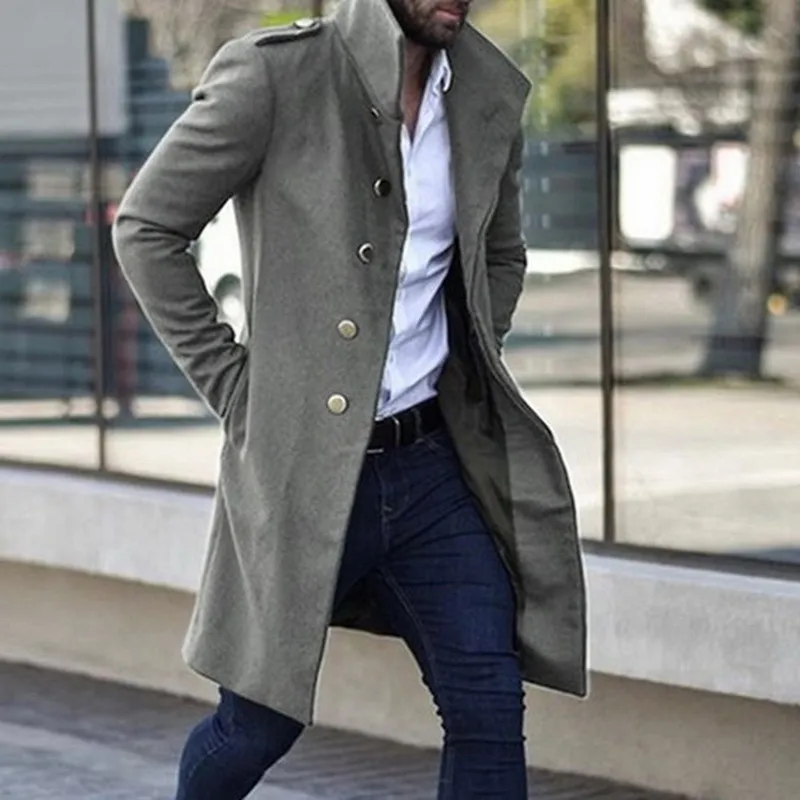 Men's Trench Coat Jacket Slim Solid Color Wild Standing Collar Single-Breasted Long Trench Jacket Casual Overcoat 201012228v