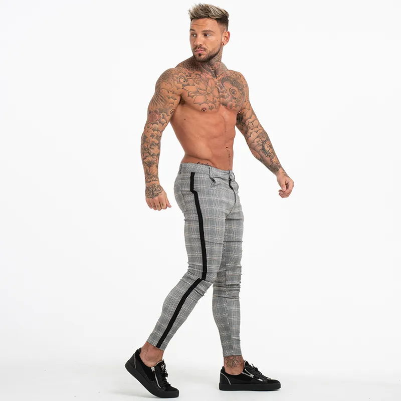 Gingtto Mens Chinos Pantalons Gris Plaid Chinos Pantalons Skinny pour hommes Bande latérale Stretchy Fit Athletic Body Building 359 201126