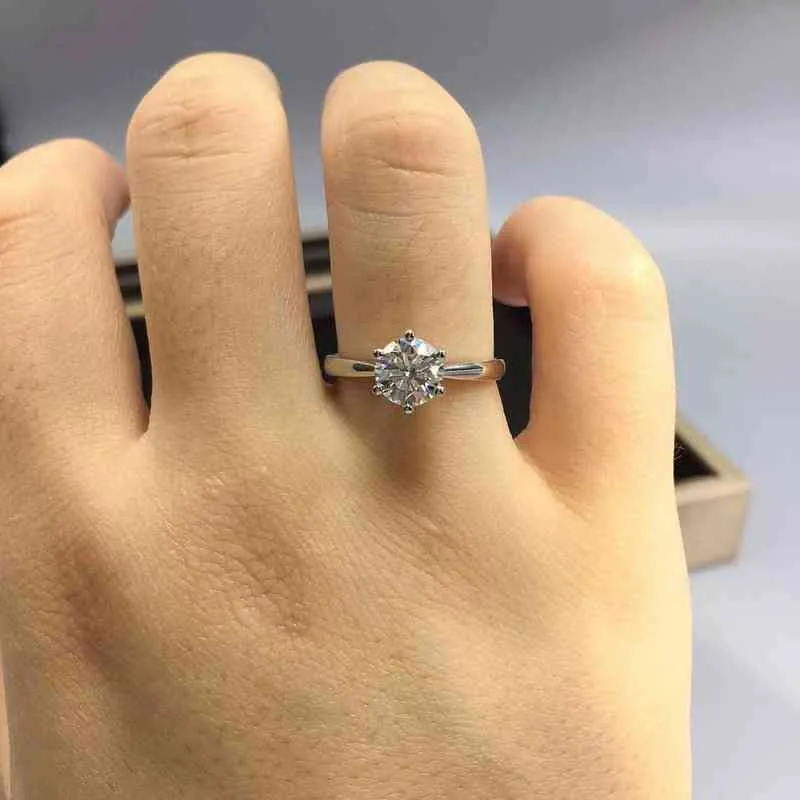100% Real Moissanite Engagement Ringar Platinum Plating Sterling Silver 1ct 2ct 3ct Diamond Wedding Rings Classic 6 Prong Ring Y220223