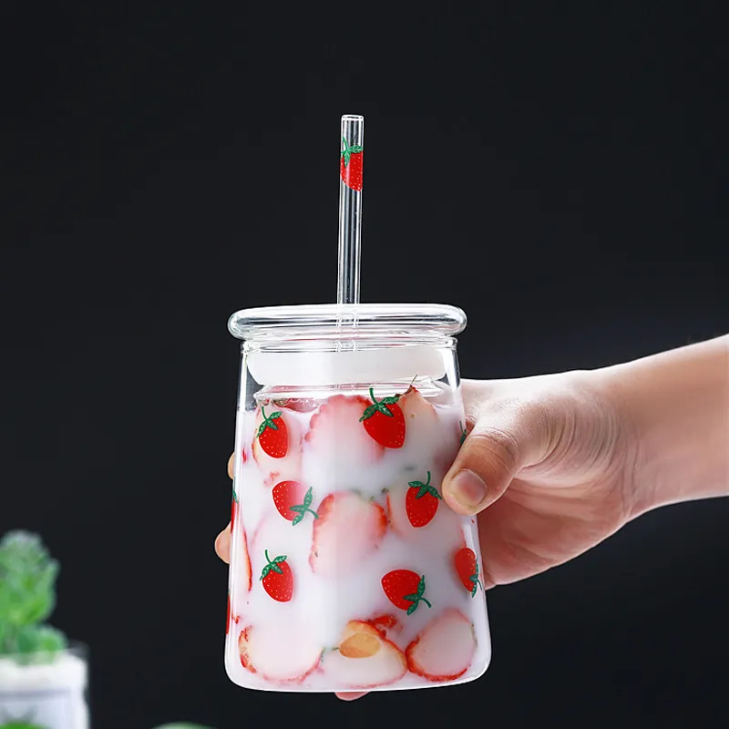 600ml de vidro de morango copo fofo morango garrafa de água com suco de palha leite chá chá caneca copo criativo para crianças adulto 201221