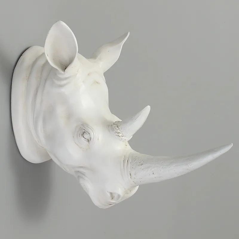 KiWarm Resin Exotic Rhinoceros Head Ornament White Animal Statues Crafts for Home el Wall Hanging Art Decoration Gift T2003314702818