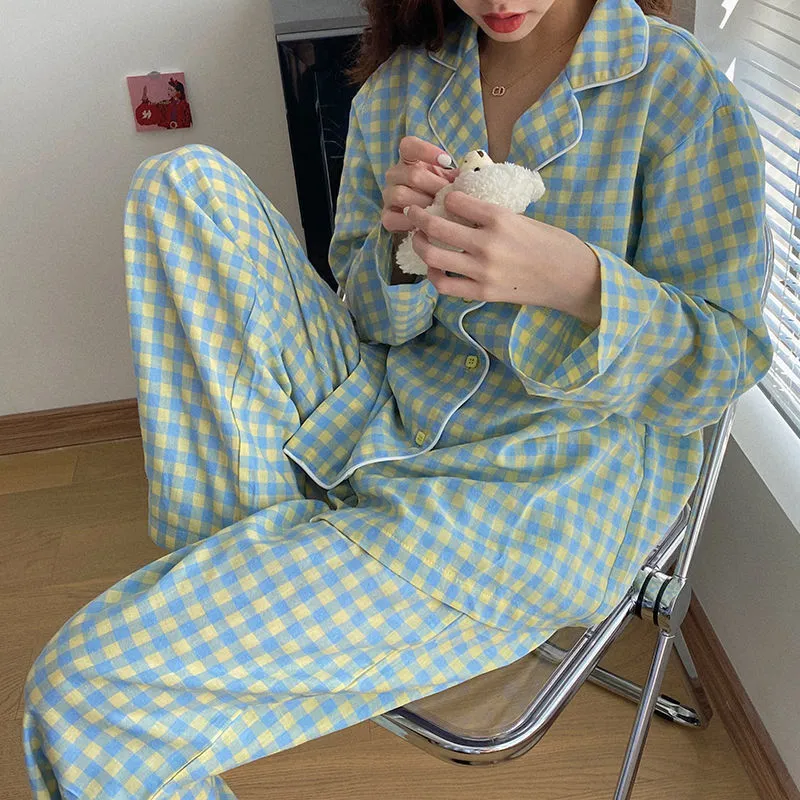 Plaid Home Suit Sleepwear Women's Pijama De Mujer Cotton Long Sleeve Sleep Tops + Pants Nightie Women Night Suits Pyjama Femme 201217