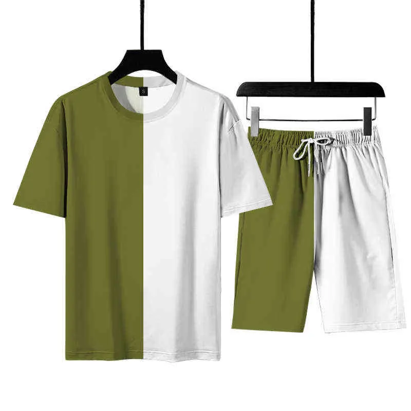 Traje de camiseta de manga corta deportivo informal para hombre, traje de dos piezas con cuello redondo coreano a la moda juvenil, estilo novedad de verano, G1222