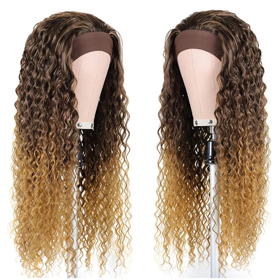 150 % High Density Water Wave Pannband Peruk för Afro Kvinnor Superlångt syntetiskt hår Peruk Kinky Curly Ombre limlös peruk med pannband Mode Värmebeständig