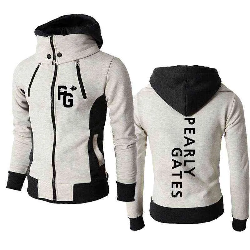 Men's Autumn and Winter Pearly PG Golf Print Jacket Warm Windproof Double Zipper Design Men Hooded Turtleneck Coat 211217