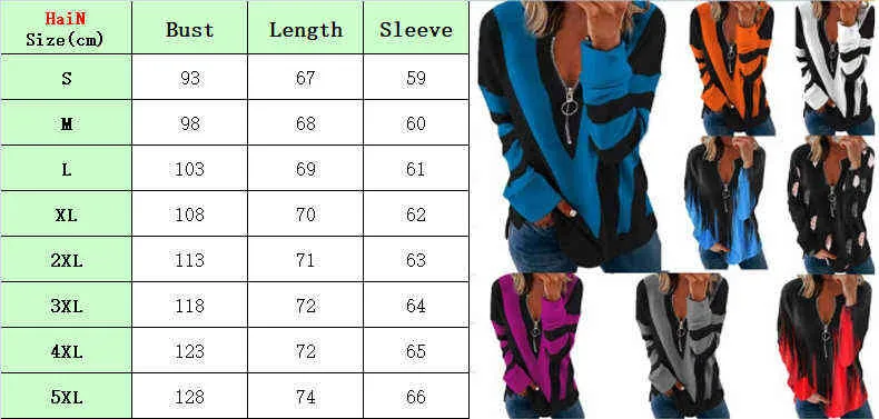 Good Quality Women Strip Plus Sizes Large Big Loose Zipper Sexy Printed T Shirts Autumn Srping Long Sleeve Vintage Tops S-5XL G220228