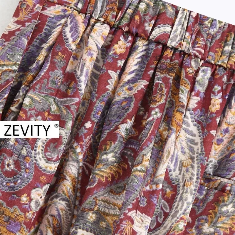 Zevity femmes vintage paisley fleur imprimé pantalon droit femme taille élastique pantalon dames rétro décontracté poche pantalon chic P891 201113