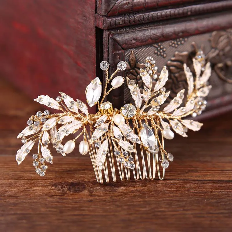 Luxury Hair Accessories For Noiva Vintage Gold Metal Leaf Crystal Hair Comb Bridal Wedding Pins Women Party Jewelry1294R