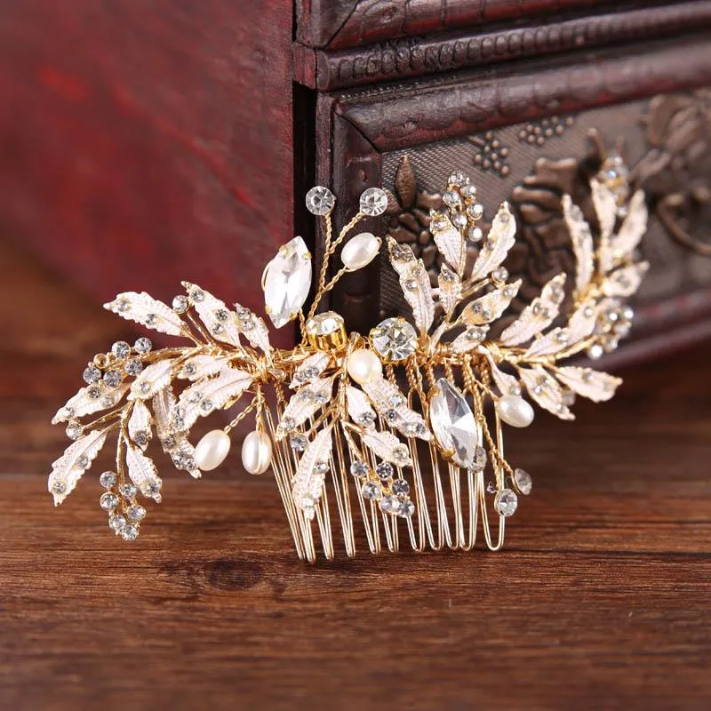 noiva vintage Gold Gold Leaf Crystal Hair Hair Comb Bridal WeddingPins女性パーティージュエリー1194bの豪華なヘアアクセサリー