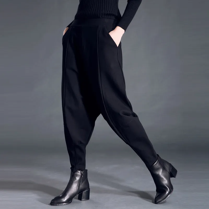 [EAM] nouveau printemps mode marée noir taille haute poches élastiques Patchwork décontracté femme pleine longueur sarouel SA155 201109