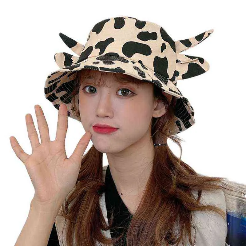 韓国の女性男性夏の綿のバケツの帽子ミルク牛パターンカワイイ3DオックスホーンイヤーワイドブリムサンスクリーンフィッシャーマンキャップY220301