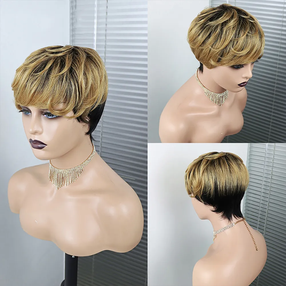 ショートピクシーカットストレートヘアウィッグペルーレミー黒人女性のための人間の髪のかつら150％Glueless Machine