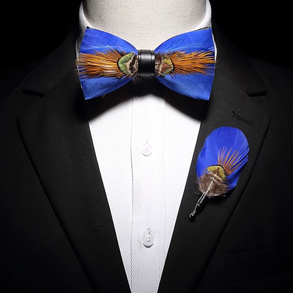 Ricnais New Original Feather Bow Tie Broche Conjunto Branco Bule Colorido Handmade Requintado Bowtie Para Homens Laços de Casamento Presente com Caixa 201027