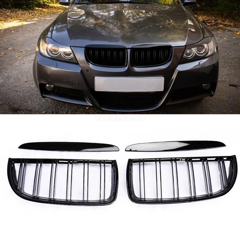 Främre njurgrillhuvgrillar -Double Line för BMW E90 323I 328I 335i 330i 325i 3-Series 2005-2008 Gloss Black