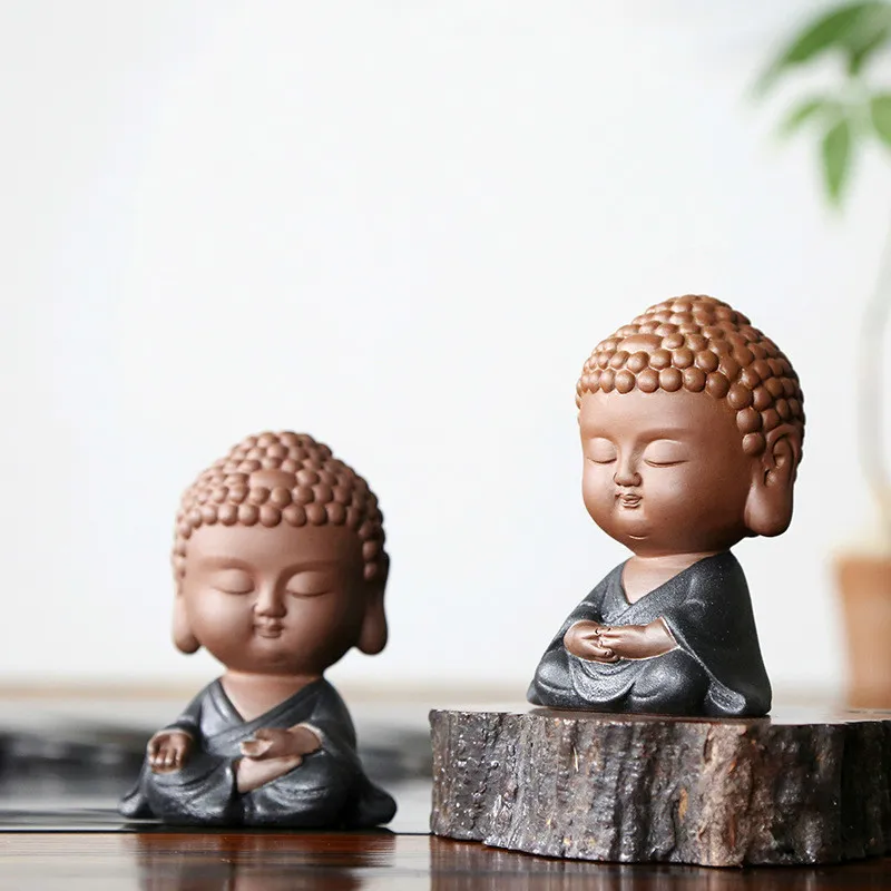 Zen Tathagata ornements pour animaux de compagnie de thé en céramique sable violet petit moine bouddha statues accessoires de décoration figurines miniatures modernes T200710