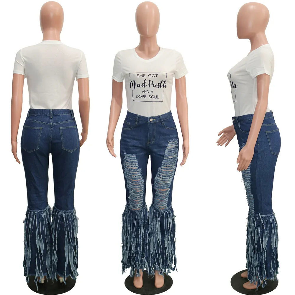 Tsuretobe déchiré pour les femmes gland patchwork évasé frange taille haute vintage cloche bas jeans pantalons de mode LJ201029