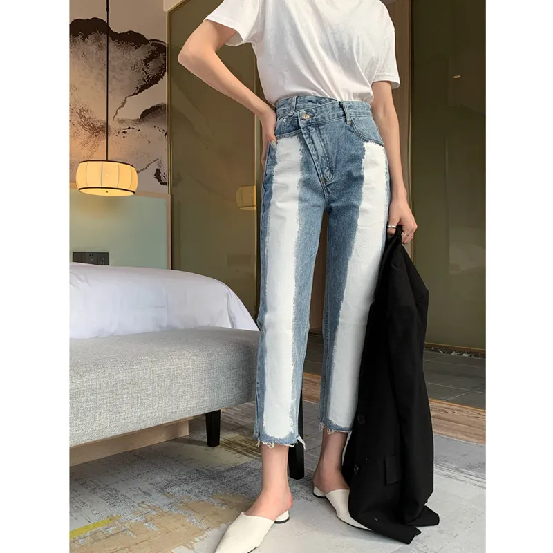 [DEAT] 2020 nuovi pantaloni di moda jeans a vita alta da donna denim dritto color block pulsante laterale design fit il tempo libero selvaggio LJ201029