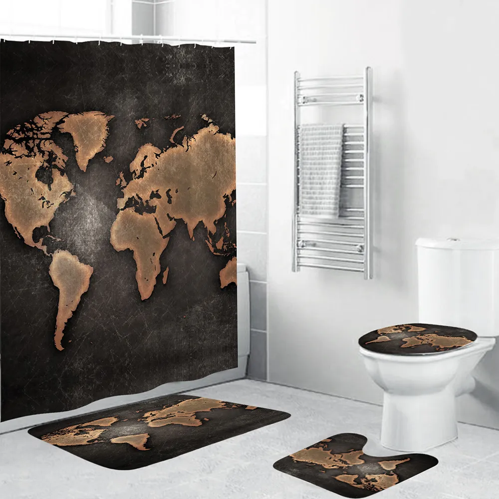 旧世界地図プリントシャワーカーテンビンテージバスルームの装飾4ピースセットソフトトイレマットパッド180x180 cm T200711